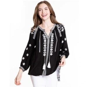 JOHN MARK Embroidered Tassel Tie Neck 3/4 Sleeve Back Hi-Low Tunic size xl